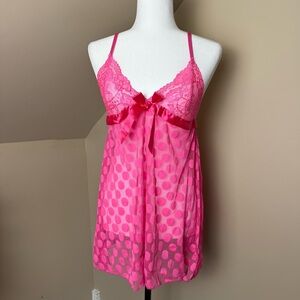 Elegant Pink‎ Lace Babydoll Lingerie Polka dots Bow Coquette SEE MEASUREMENTS